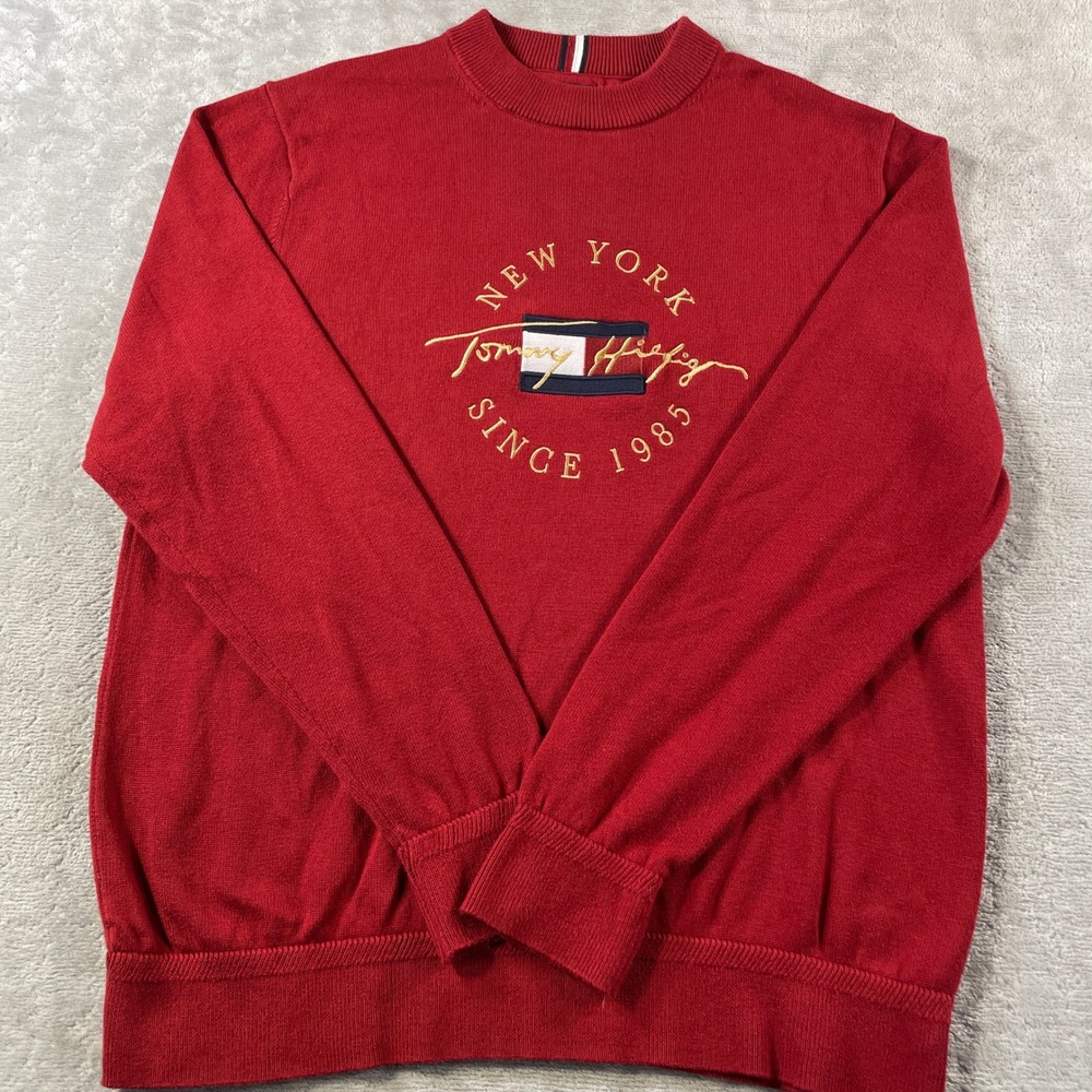 Tommy Hilfiger Sweater Mens XL Red Crewneck Embroidered Logo Preppy Casual - Picture 1 of 11